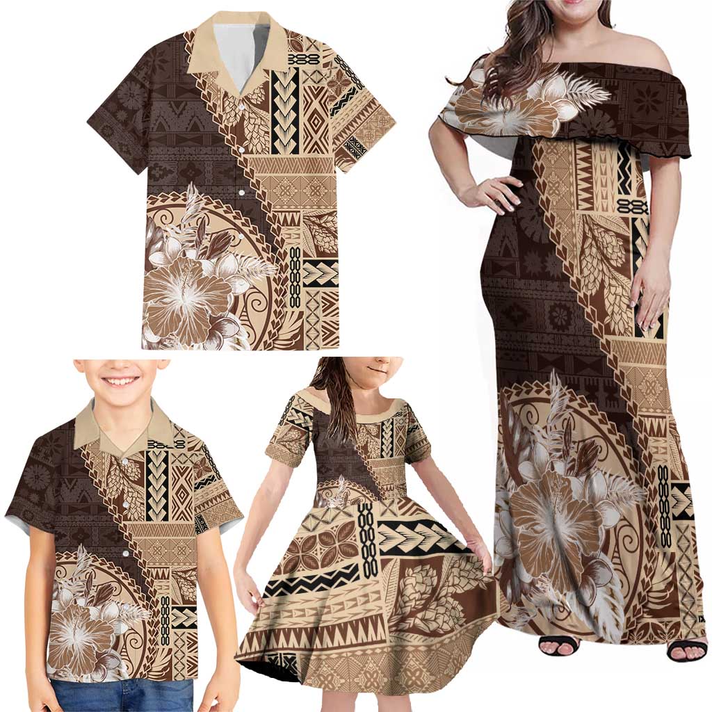 Samoa Siapo Elegant Family Matching Off Shoulder Maxi Dress and Hawaiian Shirt Hibiscus Chocolate Brown Motifs - Polynesian Pride