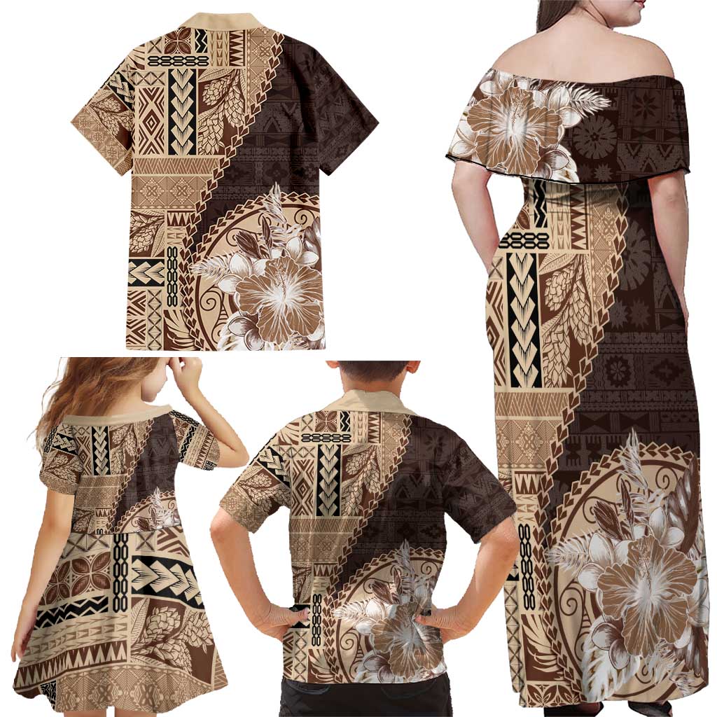 Samoa Siapo Elegant Family Matching Off Shoulder Maxi Dress and Hawaiian Shirt Hibiscus Chocolate Brown Motifs - Polynesian Pride