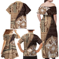 Samoa Siapo Elegant Family Matching Off Shoulder Maxi Dress and Hawaiian Shirt Hibiscus Chocolate Brown Motifs - Polynesian Pride