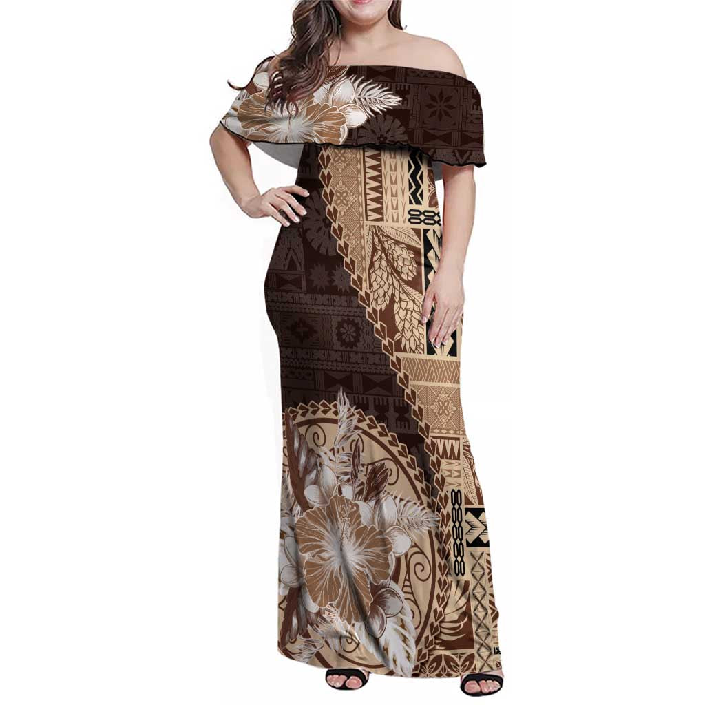Samoa Siapo Elegant Family Matching Off Shoulder Maxi Dress and Hawaiian Shirt Hibiscus Chocolate Brown Motifs - Polynesian Pride