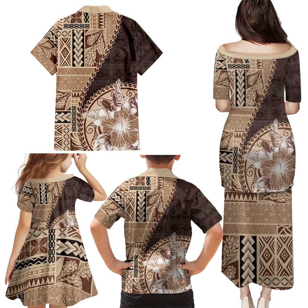 Samoa Siapo Elegant Family Matching Puletasi and Hawaiian Shirt Hibiscus Chocolate Brown Motifs - Polynesian Pride