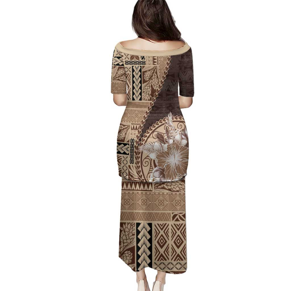 Samoa Siapo Elegant Family Matching Puletasi and Hawaiian Shirt Hibiscus Chocolate Brown Motifs - Polynesian Pride
