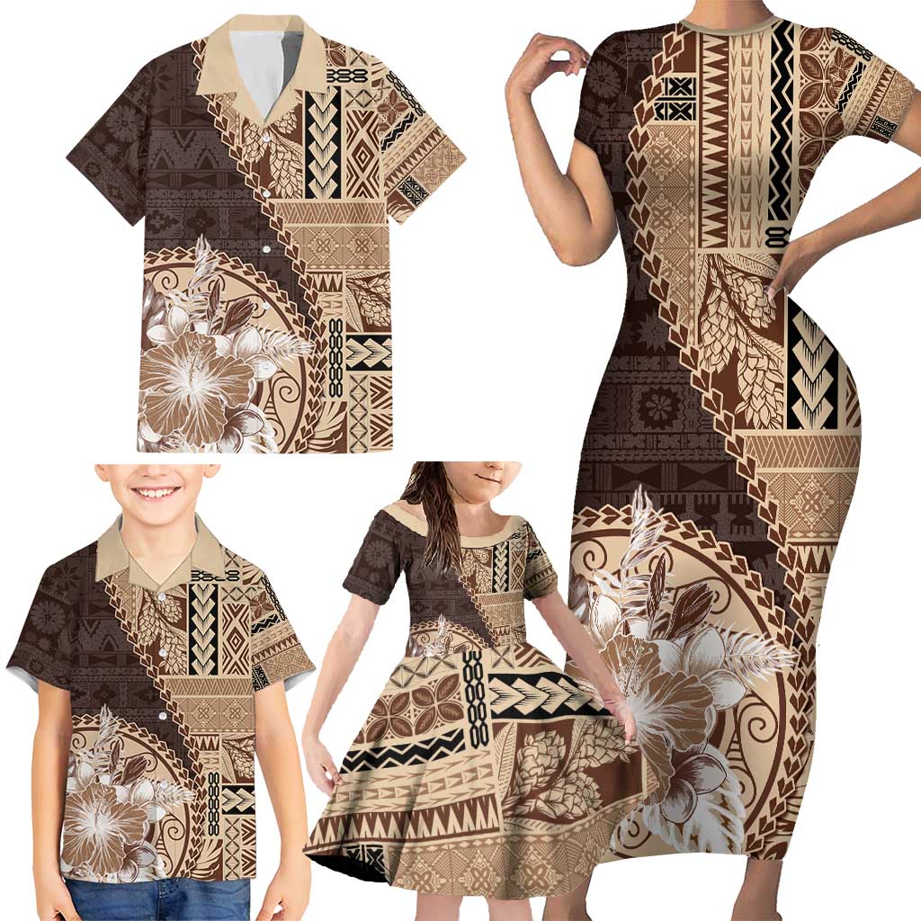 Samoa Siapo Elegant Family Matching Short Sleeve Bodycon Dress and Hawaiian Shirt Hibiscus Chocolate Brown Motifs - Polynesian Pride