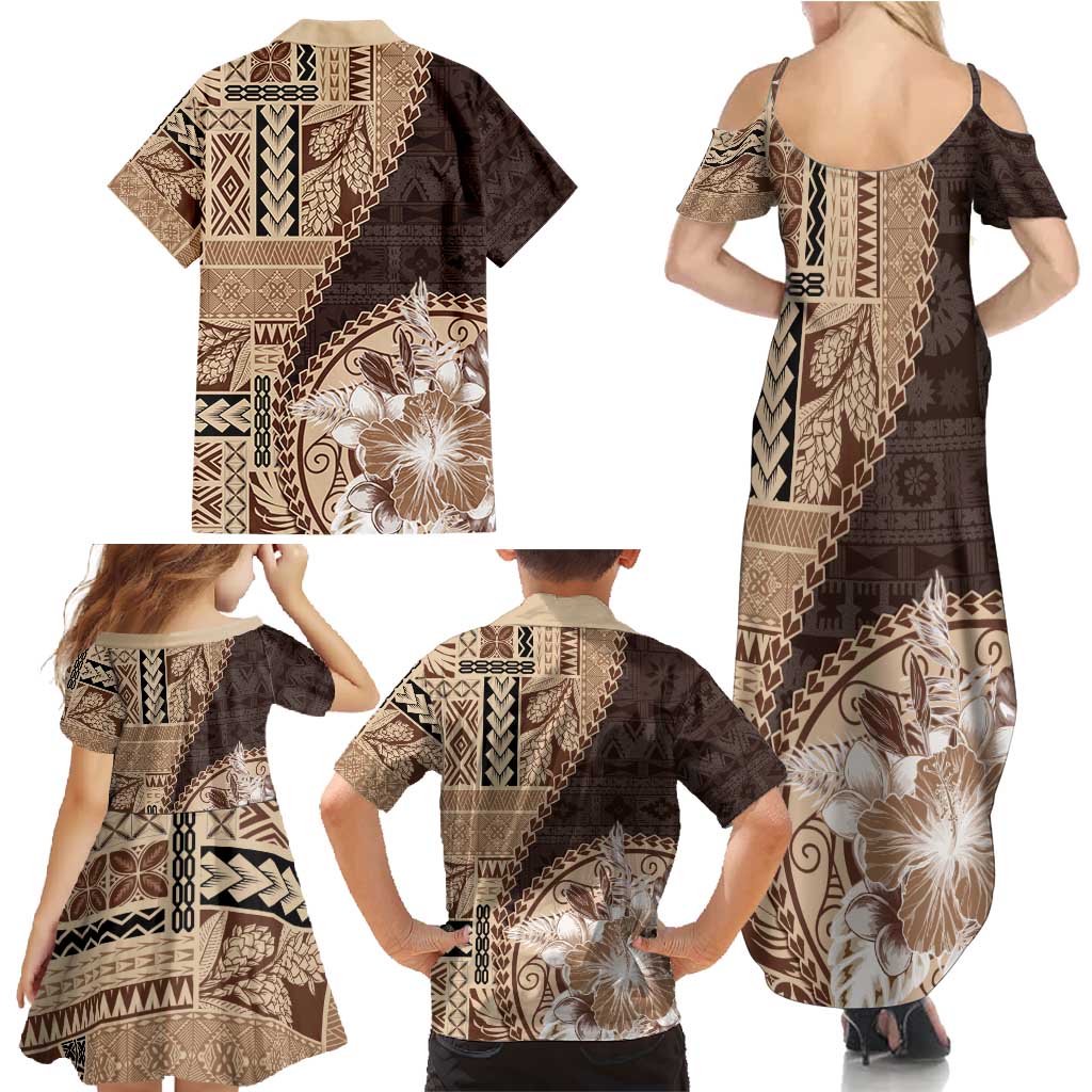 Samoa Siapo Elegant Family Matching Summer Maxi Dress and Hawaiian Shirt Hibiscus Chocolate Brown Motifs - Polynesian Pride