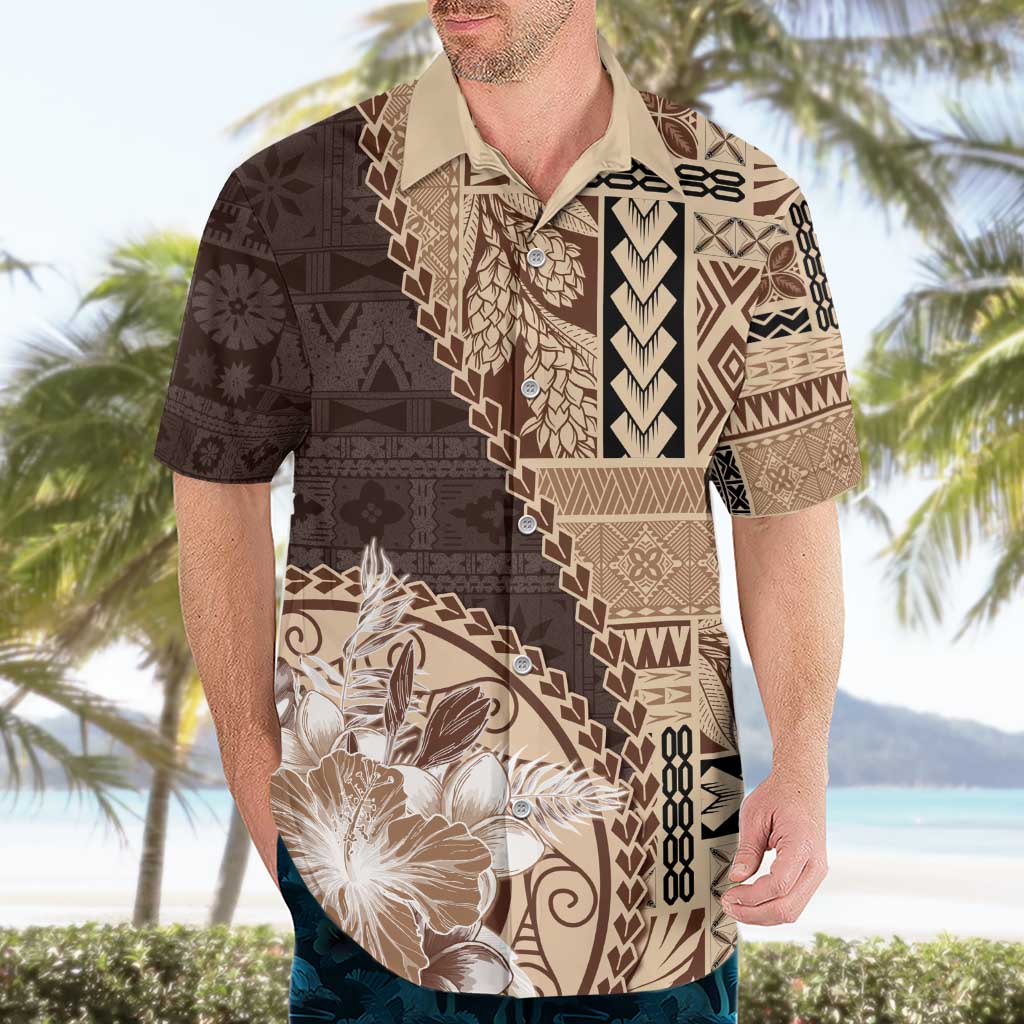 Samoa Siapo Elegant Hawaiian Shirt Hibiscus Chocolate Brown Motifs - Polynesian Pride