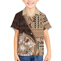 Samoa Siapo Elegant Kid Hawaiian Shirt Hibiscus Chocolate Brown Motifs - Polynesian Pride
