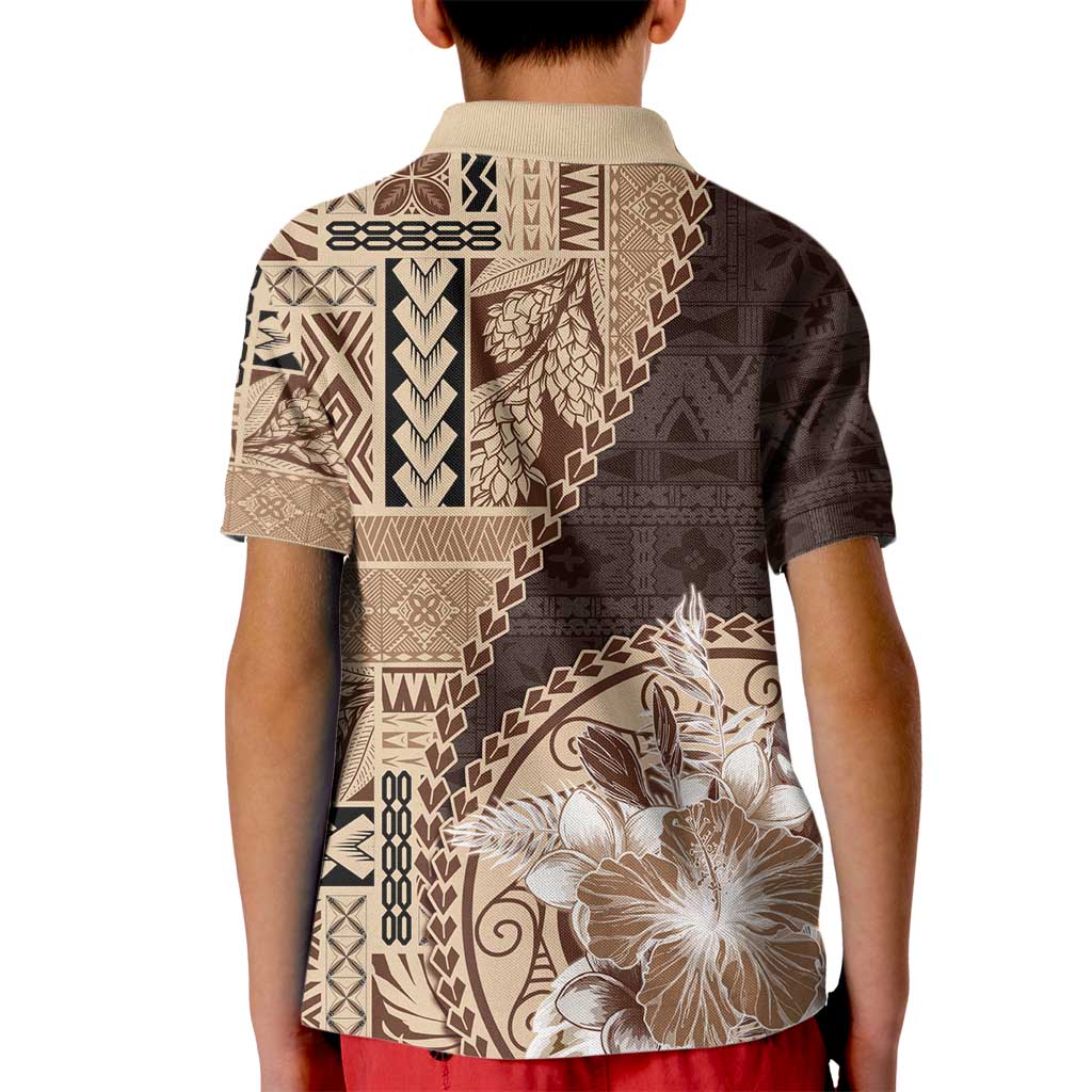 Samoa Siapo Elegant Kid Polo Shirt Hibiscus Chocolate Brown Motifs - Polynesian Pride