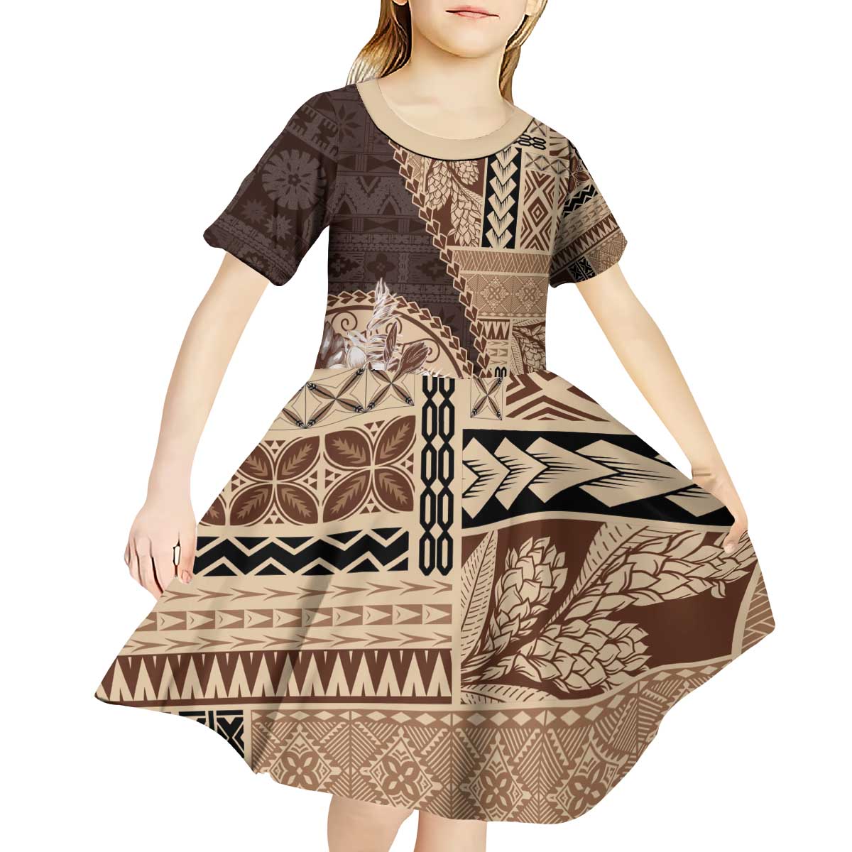 Samoa Siapo Elegant Kid Short Sleeve Dress Hibiscus Chocolate Brown Motifs - Polynesian Pride