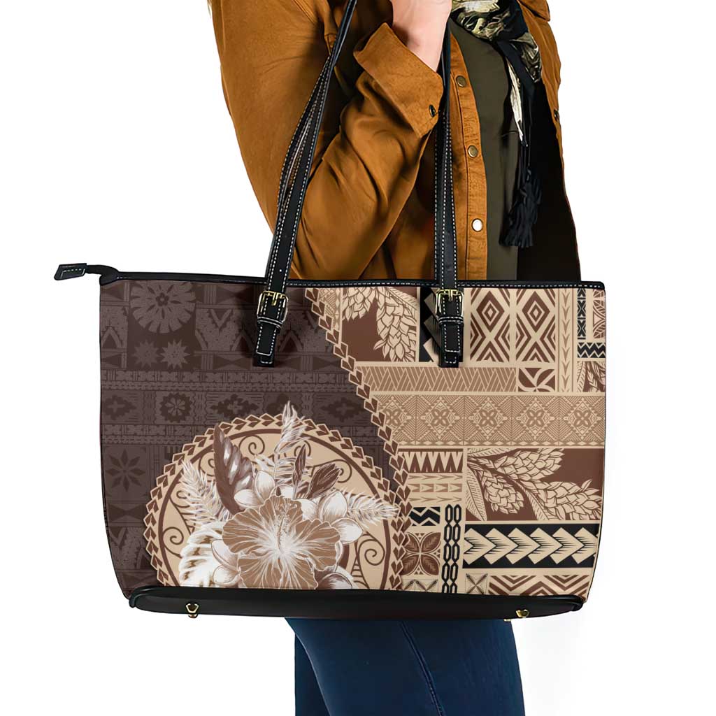 Samoa Siapo Elegant Leather Tote Bag Hibiscus Chocolate Brown Motifs - Polynesian Pride