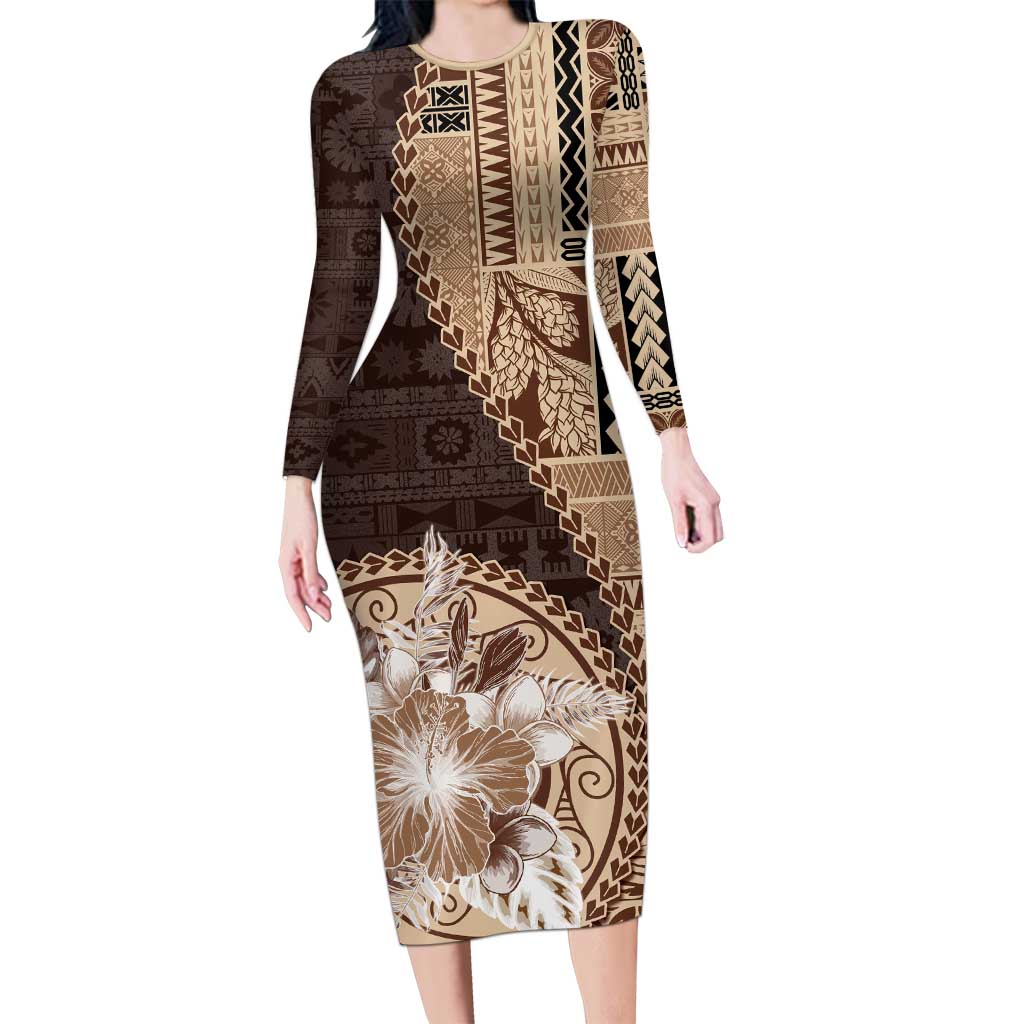 Samoa Siapo Elegant Long Sleeve Bodycon Dress Hibiscus Chocolate Brown Motifs - Polynesian Pride