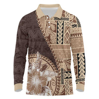 Samoa Siapo Elegant Long Sleeve Polo Shirt Hibiscus Chocolate Brown Motifs - Polynesian Pride