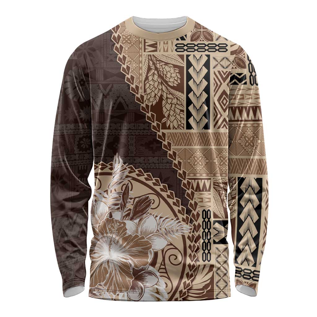Samoa Siapo Elegant Long Sleeve Shirt Hibiscus Chocolate Brown Motifs - Polynesian Pride