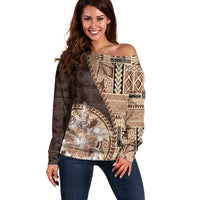 Samoa Siapo Elegant Off Shoulder Sweater Hibiscus Chocolate Brown Motifs - Polynesian Pride