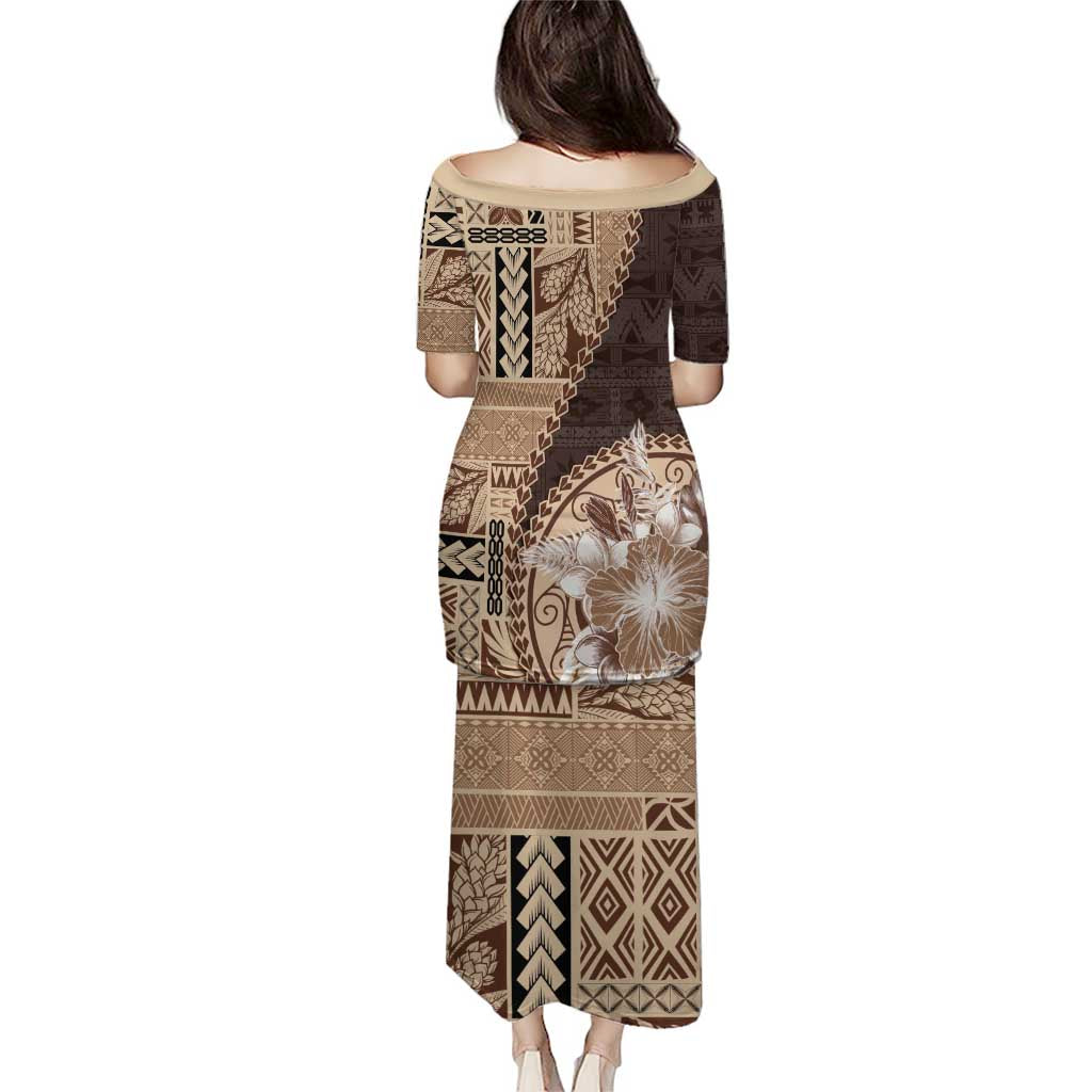 Samoa Siapo Elegant Puletasi Hibiscus Chocolate Brown Motifs - Polynesian Pride