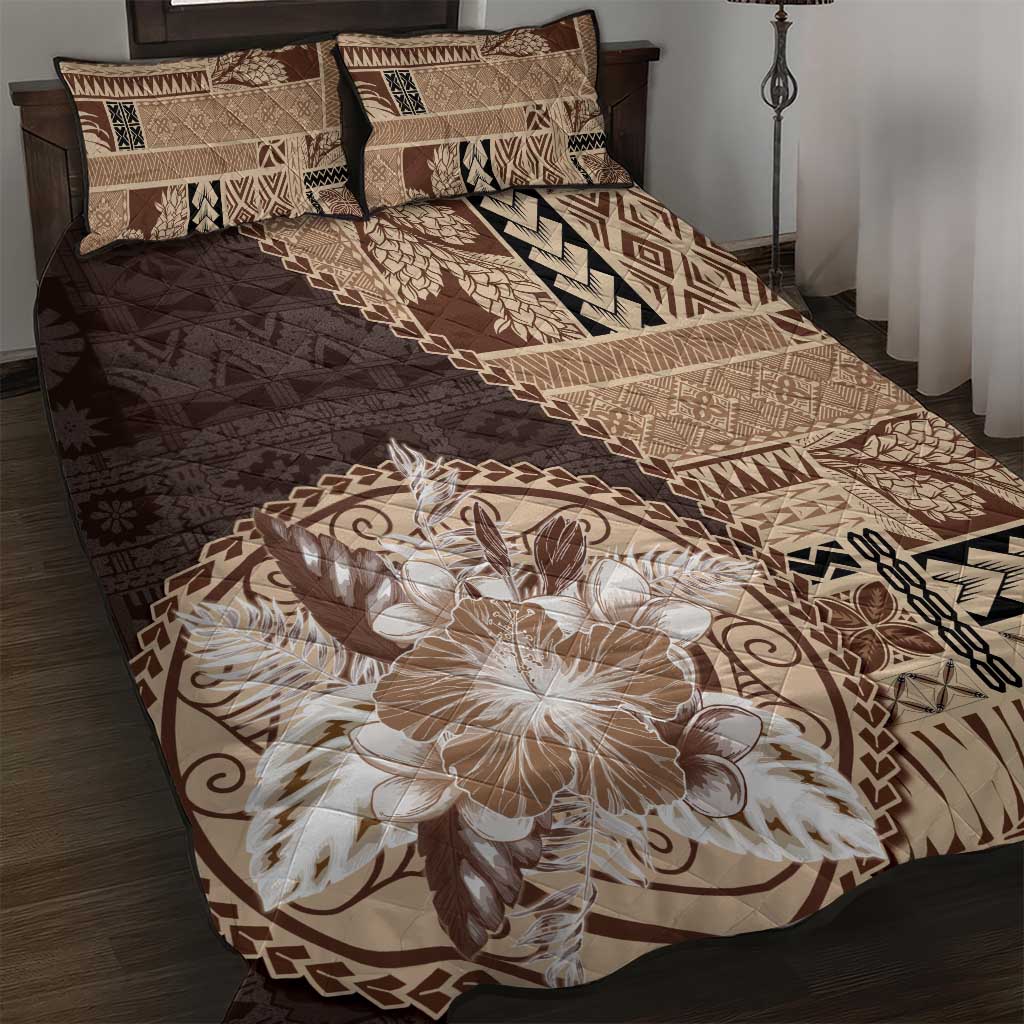Samoa Siapo Elegant Quilt Bed Set Hibiscus Chocolate Brown Motifs - Polynesian Pride