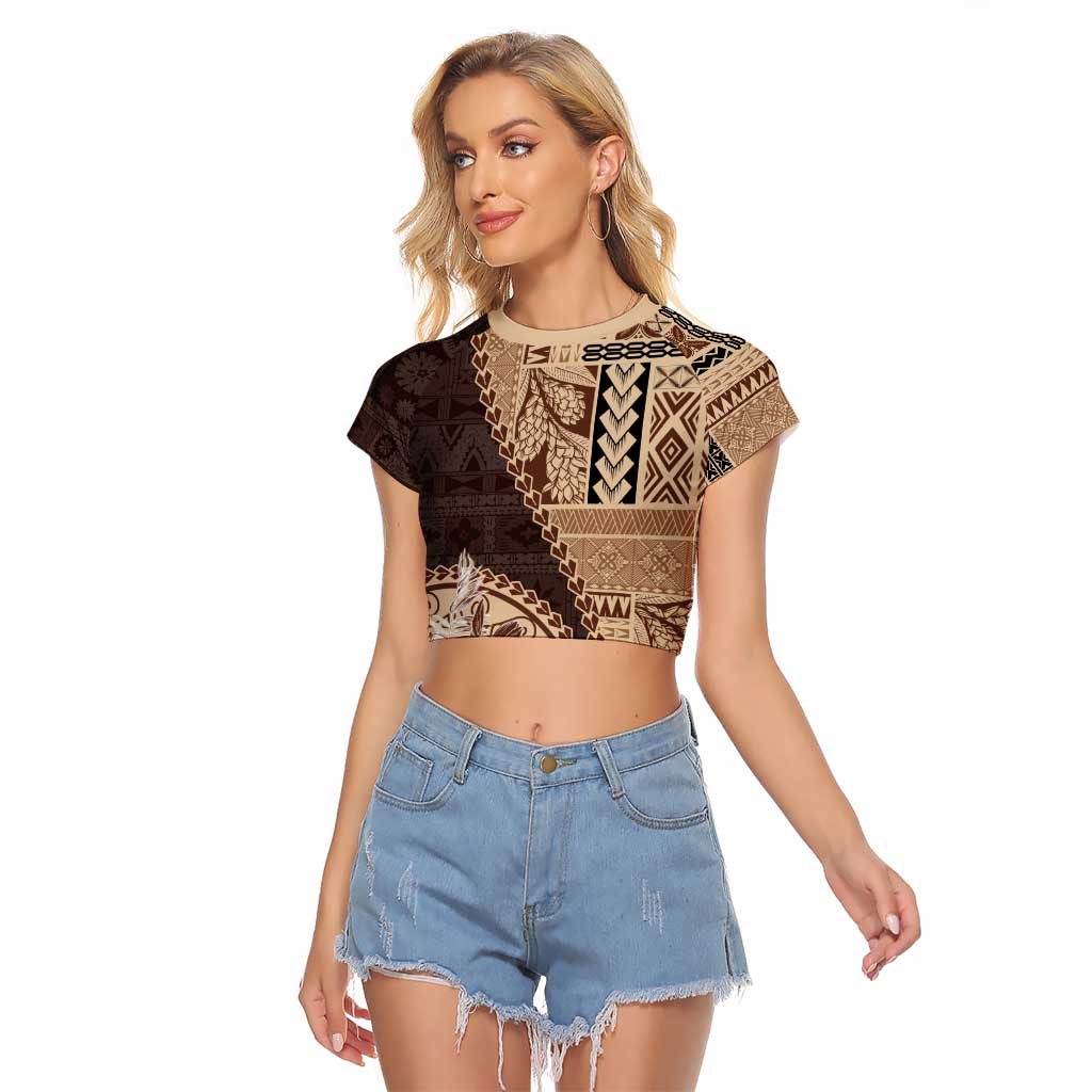 Samoa Siapo Elegant Raglan Cropped T Shirt Hibiscus Chocolate Brown Motifs - Polynesian Pride