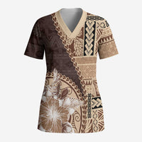 Samoa Siapo Elegant Scrub Top Hibiscus Chocolate Brown Motifs - Polynesian Pride