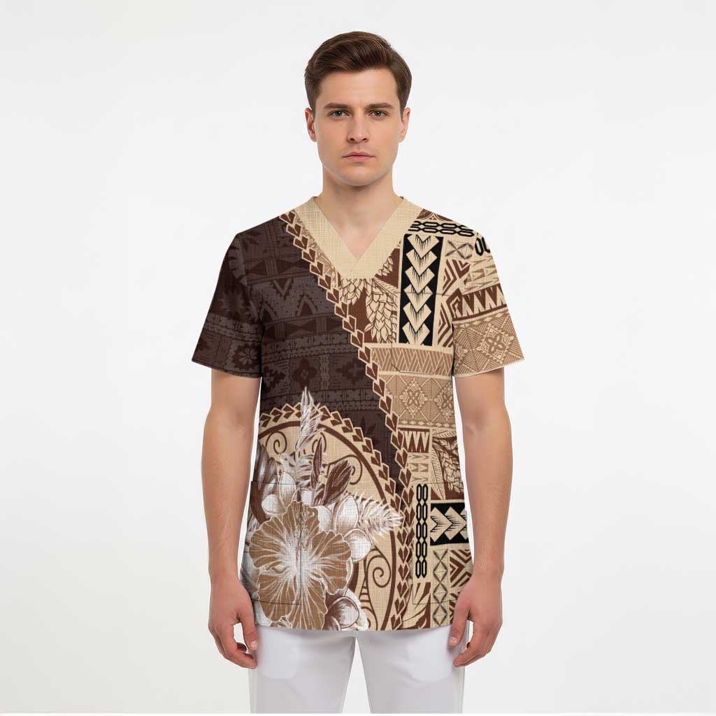 Samoa Siapo Elegant Scrub Top Hibiscus Chocolate Brown Motifs - Polynesian Pride