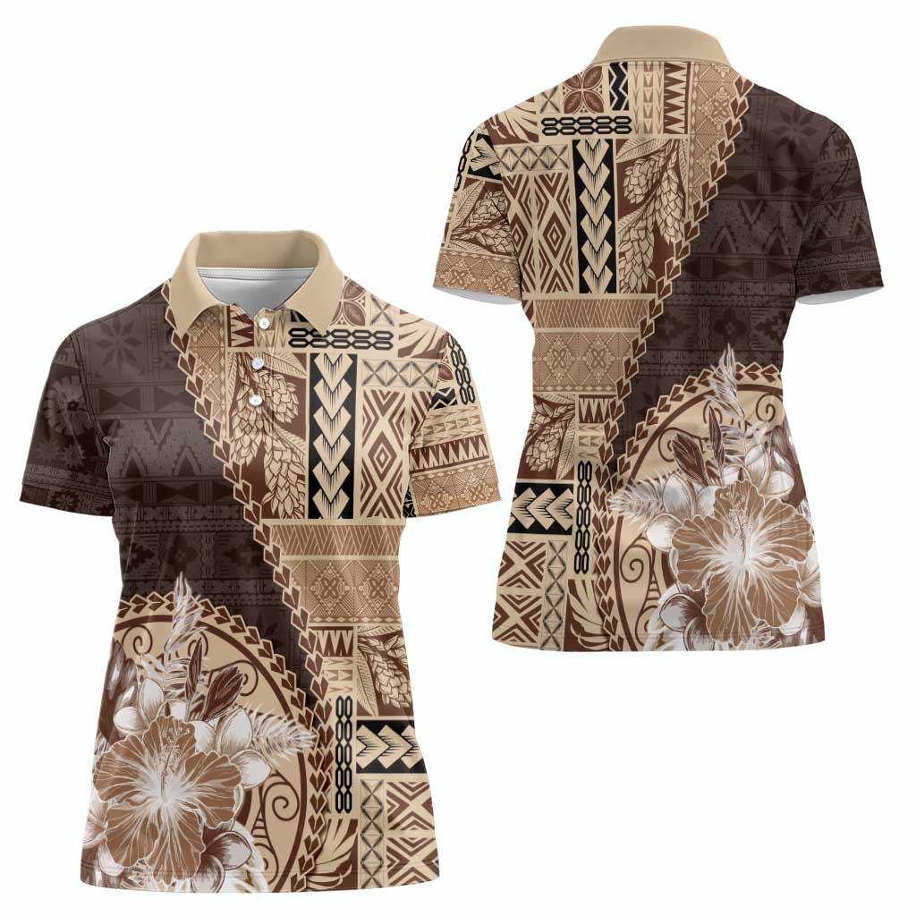 Samoa Siapo Elegant Women Polo Shirt Hibiscus Chocolate Brown Motifs - Polynesian Pride