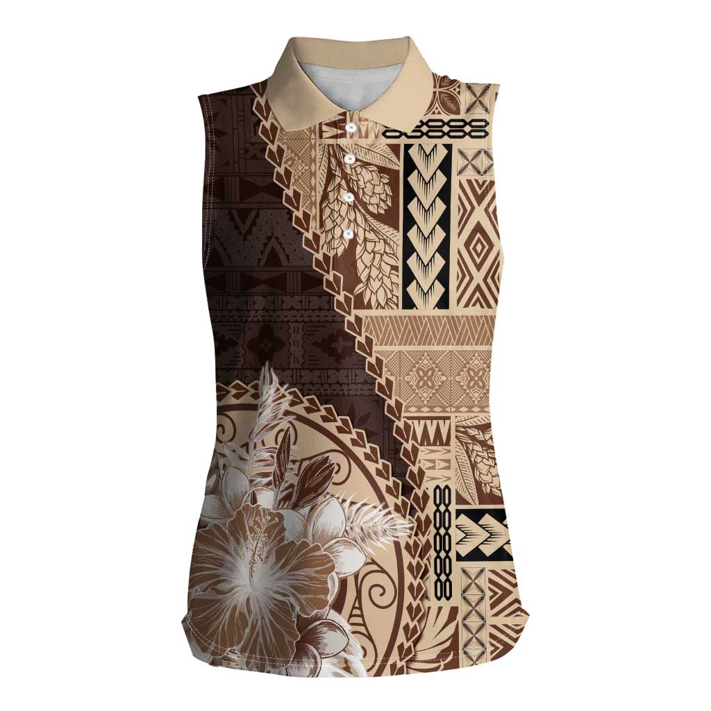 Samoa Siapo Elegant Women Sleeveless Polo Shirt Hibiscus Chocolate Brown Motifs - Polynesian Pride
