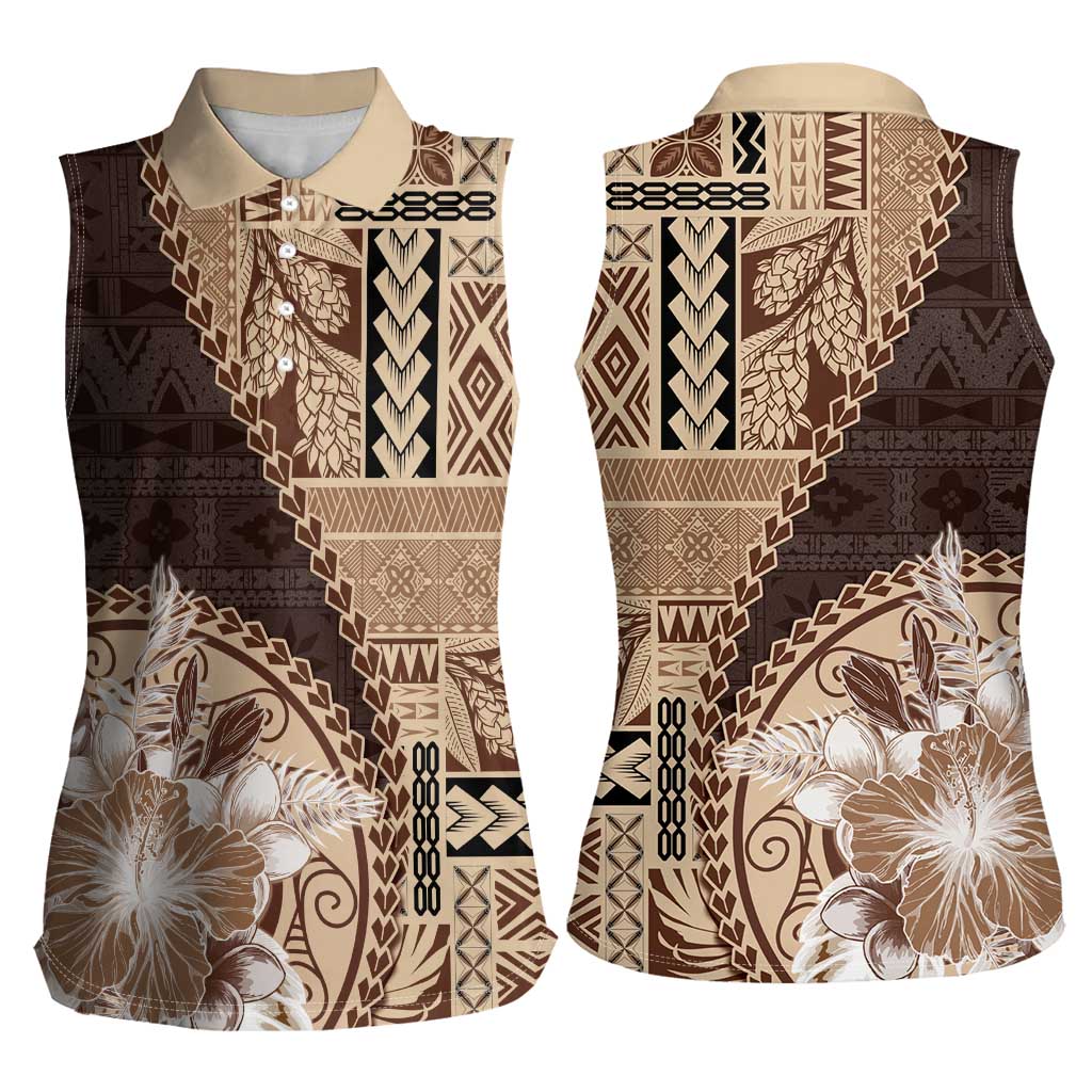Samoa Siapo Elegant Women Sleeveless Polo Shirt Hibiscus Chocolate Brown Motifs - Polynesian Pride