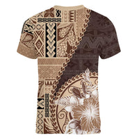 Samoa Siapo Elegant Women V-Neck T-Shirt Hibiscus Chocolate Brown Motifs - Polynesian Pride