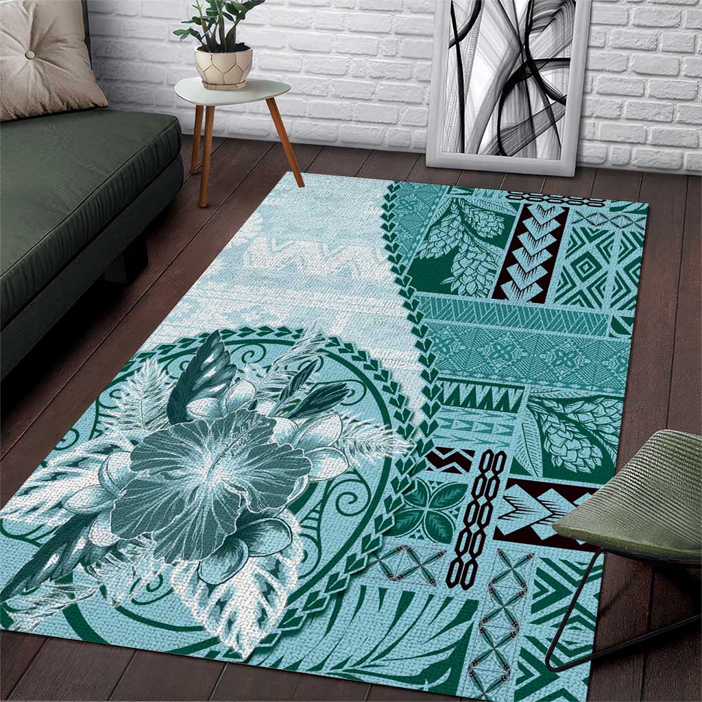 Samoa Siapo Elegant Area Rug Hibiscus Teal Motifs - Polynesian Pride