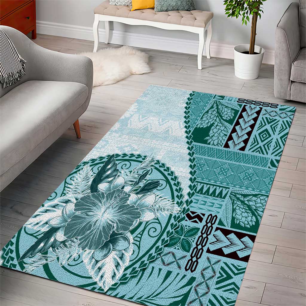 Samoa Siapo Elegant Area Rug Hibiscus Teal Motifs - Polynesian Pride