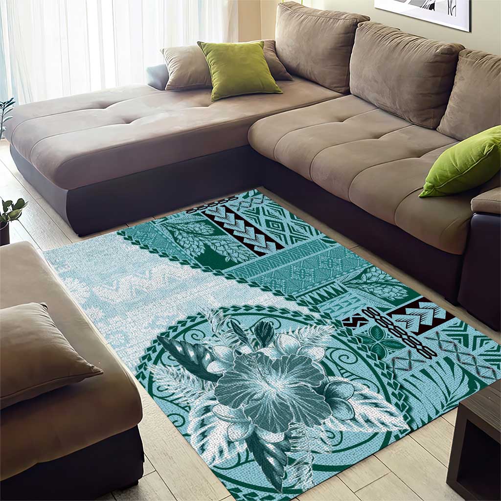Samoa Siapo Elegant Area Rug Hibiscus Teal Motifs - Polynesian Pride