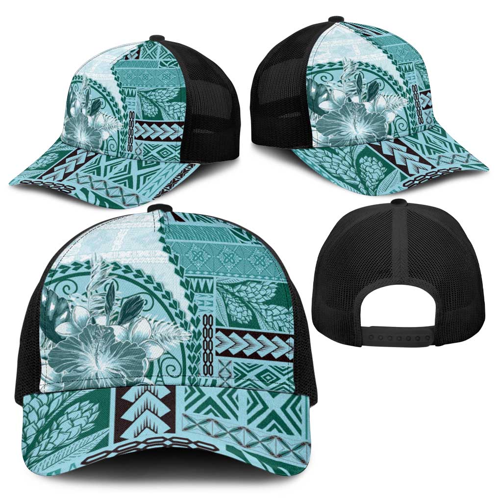 Samoa Siapo Elegant Baseball Net Cap Hibiscus Teal Motifs - Polynesian Pride