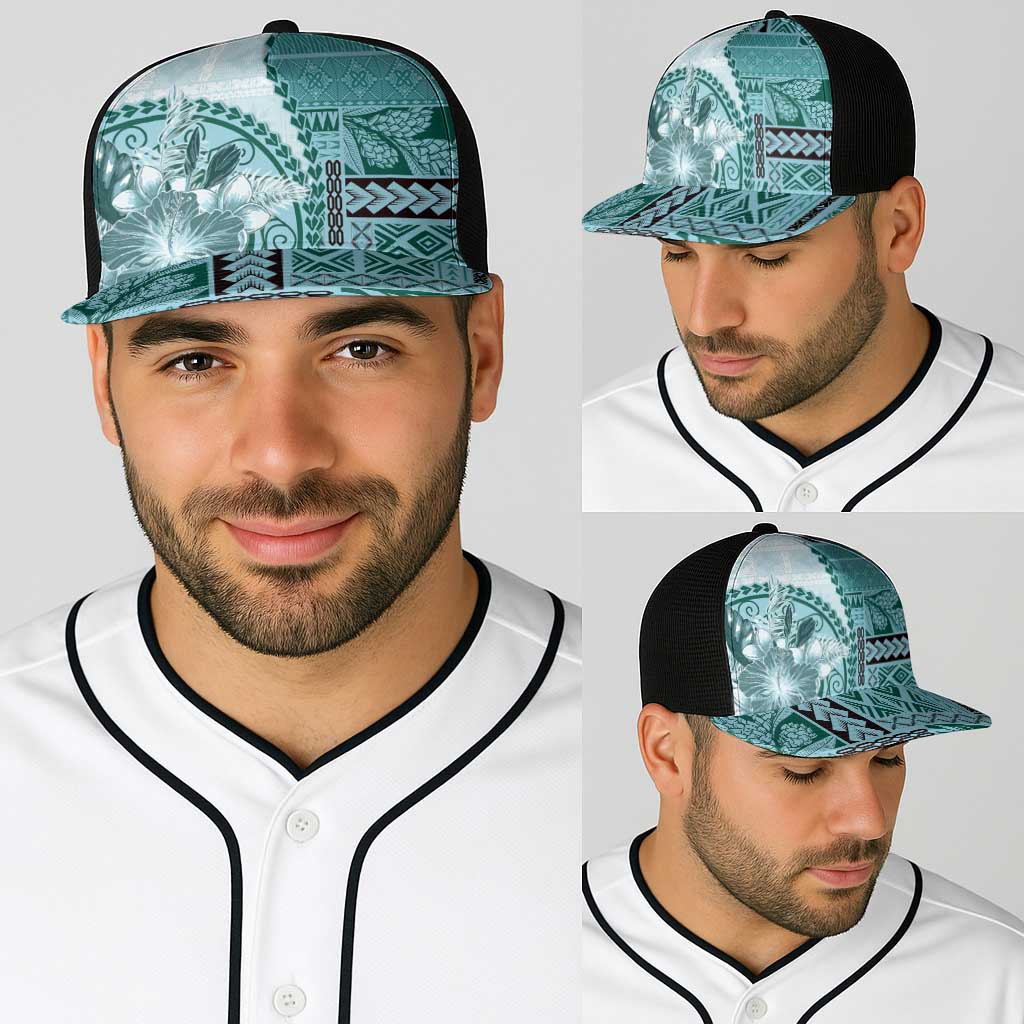 Samoa Siapo Elegant Baseball Net Cap Hibiscus Teal Motifs - Polynesian Pride