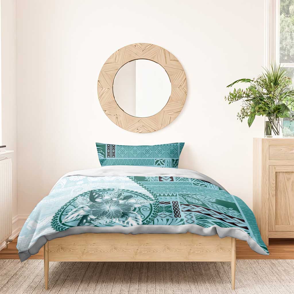 Samoa Siapo Elegant Bedding Set Hibiscus Teal Motifs - Polynesian Pride