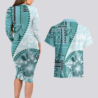 Samoa Siapo Elegant Couples Matching Long Sleeve Bodycon Dress and Hawaiian Shirt Hibiscus Teal Motifs - Polynesian Pride