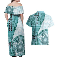 Samoa Siapo Elegant Couples Matching Off Shoulder Maxi Dress and Hawaiian Shirt Hibiscus Teal Motifs - Polynesian Pride