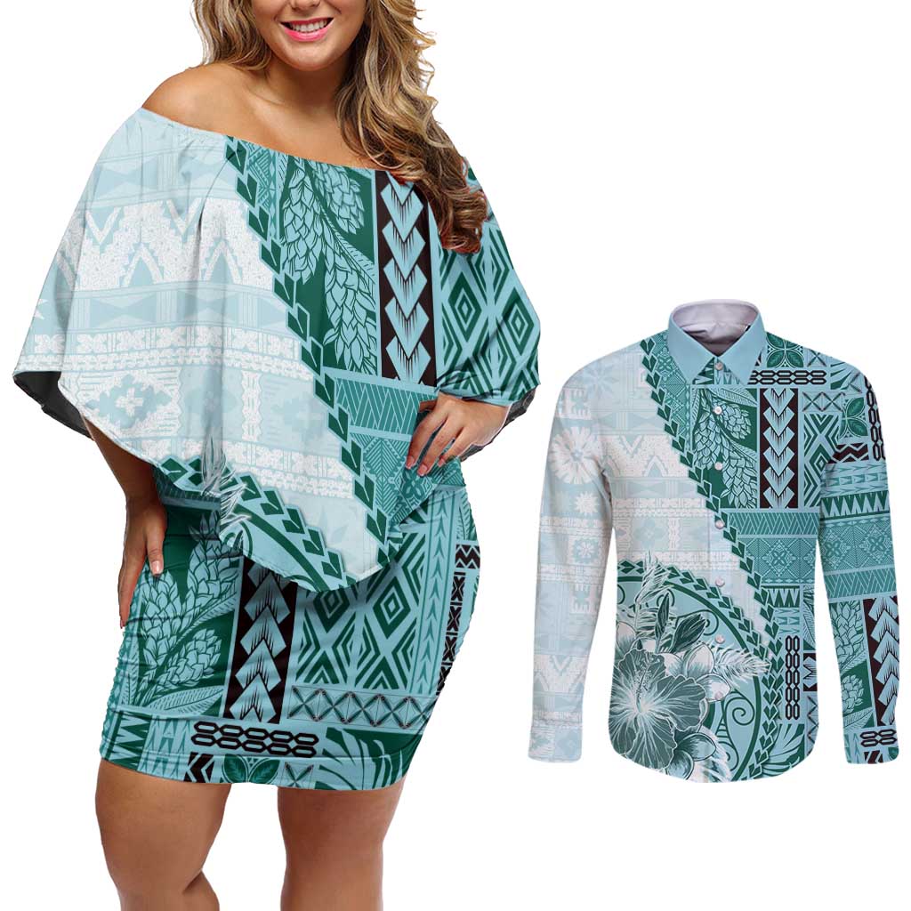 Samoa Siapo Elegant Couples Matching Off Shoulder Short Dress and Long Sleeve Button Shirt Hibiscus Teal Motifs - Polynesian Pride
