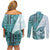 Samoa Siapo Elegant Couples Matching Off Shoulder Short Dress and Long Sleeve Button Shirt Hibiscus Teal Motifs - Polynesian Pride
