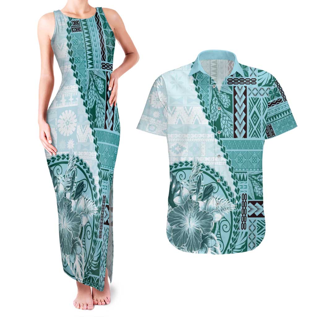 Samoa Siapo Elegant Couples Matching Tank Maxi Dress and Hawaiian Shirt Hibiscus Teal Motifs - Polynesian Pride