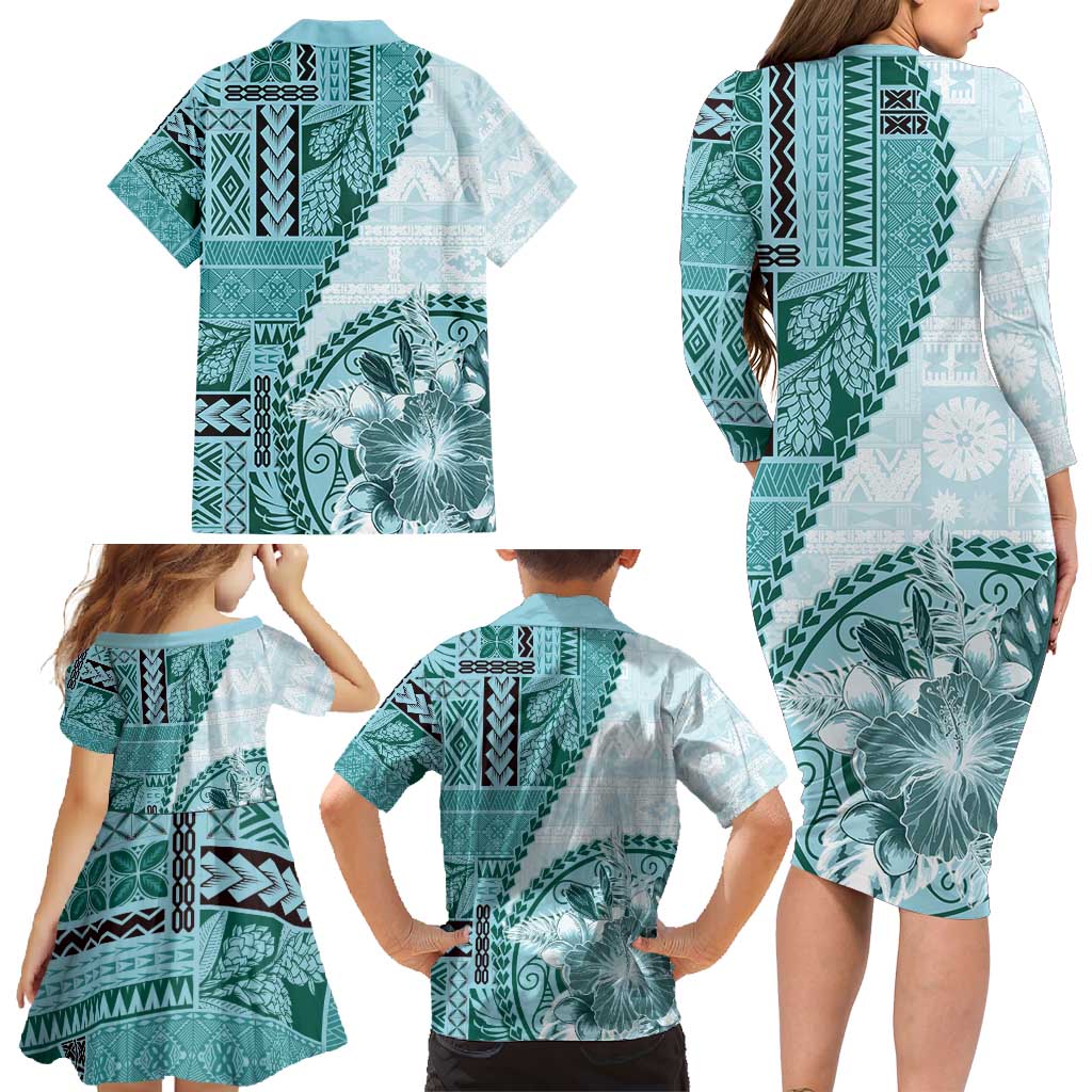 Samoa Siapo Elegant Family Matching Long Sleeve Bodycon Dress and Hawaiian Shirt Hibiscus Teal Motifs - Polynesian Pride