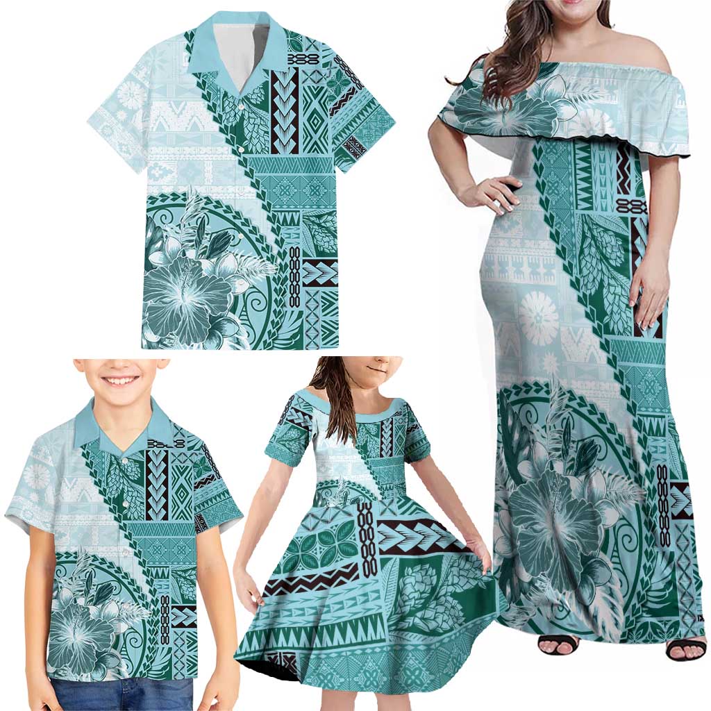 Samoa Siapo Elegant Family Matching Off Shoulder Maxi Dress and Hawaiian Shirt Hibiscus Teal Motifs - Polynesian Pride