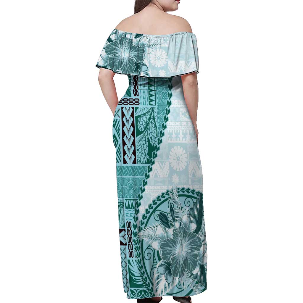 Samoa Siapo Elegant Family Matching Off Shoulder Maxi Dress and Hawaiian Shirt Hibiscus Teal Motifs - Polynesian Pride
