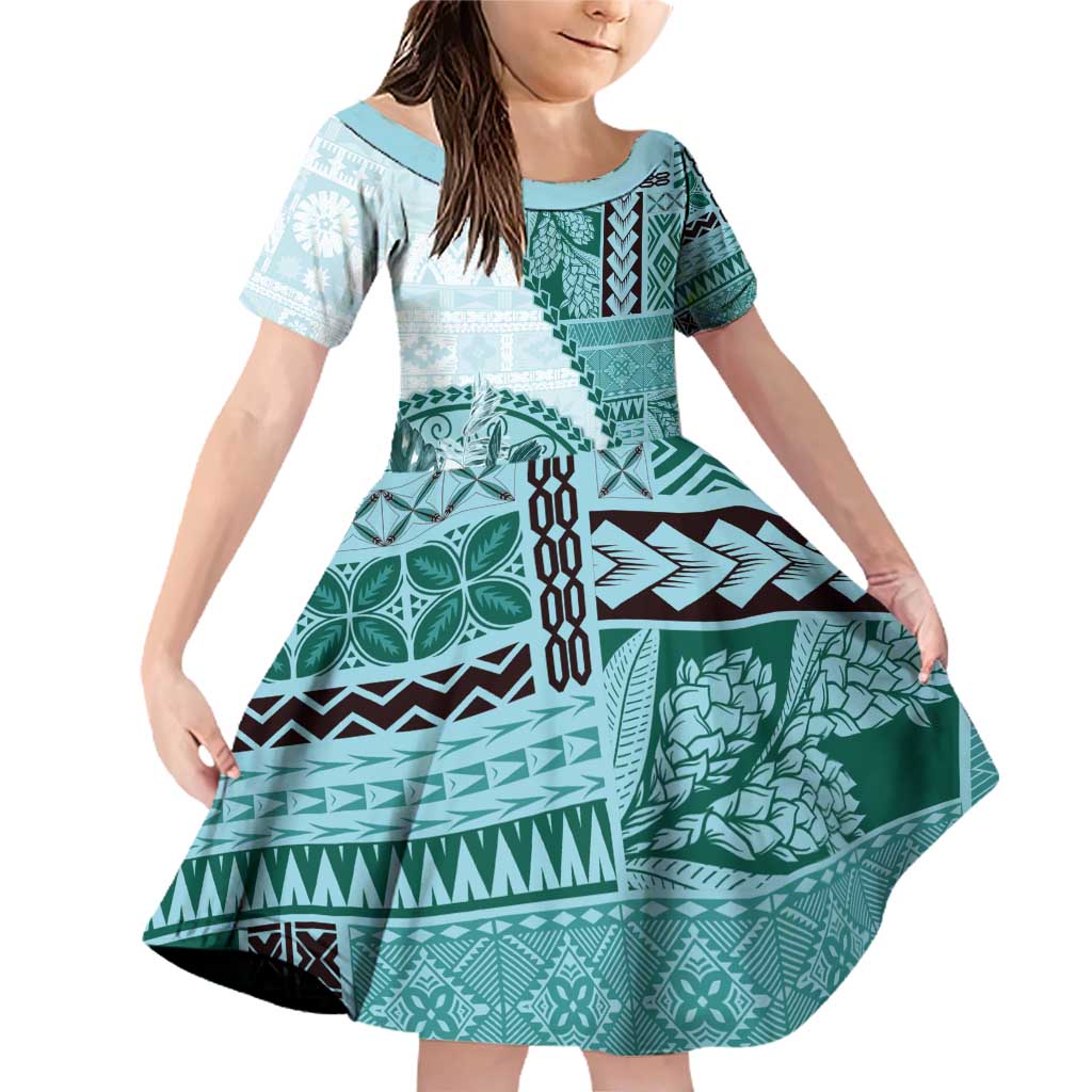 Samoa Siapo Elegant Family Matching Off Shoulder Short Dress and Hawaiian Shirt Hibiscus Teal Motifs - Polynesian Pride
