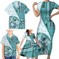 Samoa Siapo Elegant Family Matching Short Sleeve Bodycon Dress and Hawaiian Shirt Hibiscus Teal Motifs - Polynesian Pride