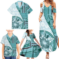 Samoa Siapo Elegant Family Matching Summer Maxi Dress and Hawaiian Shirt Hibiscus Teal Motifs - Polynesian Pride