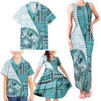 Samoa Siapo Elegant Family Matching Tank Maxi Dress and Hawaiian Shirt Hibiscus Teal Motifs - Polynesian Pride
