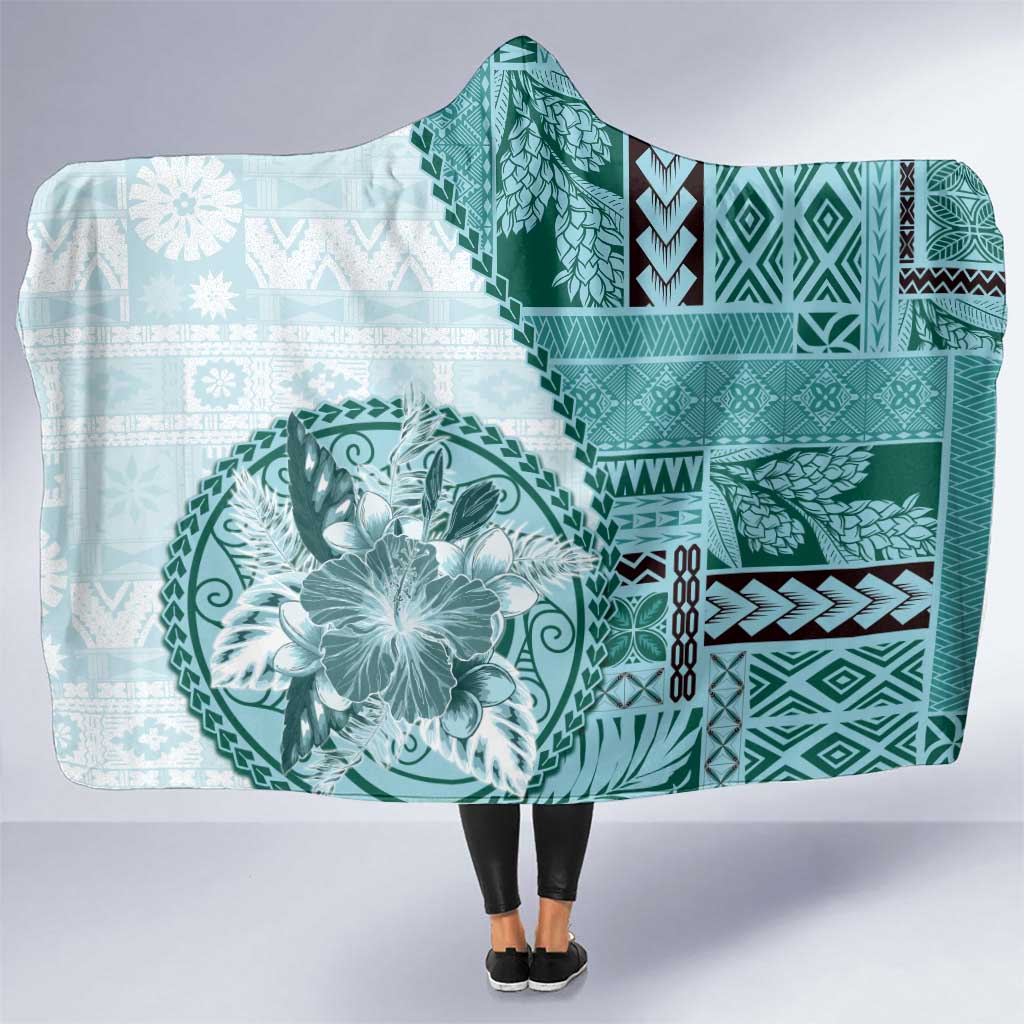Samoa Siapo Elegant Hooded Blanket Hibiscus Teal Motifs - Polynesian Pride