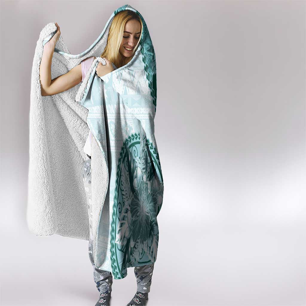 Samoa Siapo Elegant Hooded Blanket Hibiscus Teal Motifs - Polynesian Pride