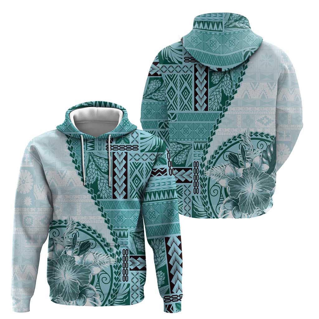 Samoa Siapo Elegant Hoodie Hibiscus Teal Motifs - Polynesian Pride