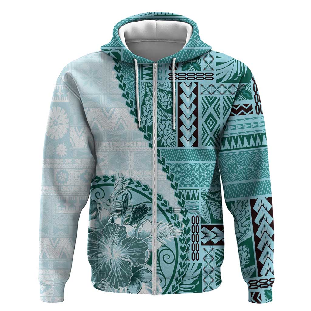 Samoa Siapo Elegant Hoodie Hibiscus Teal Motifs - Polynesian Pride