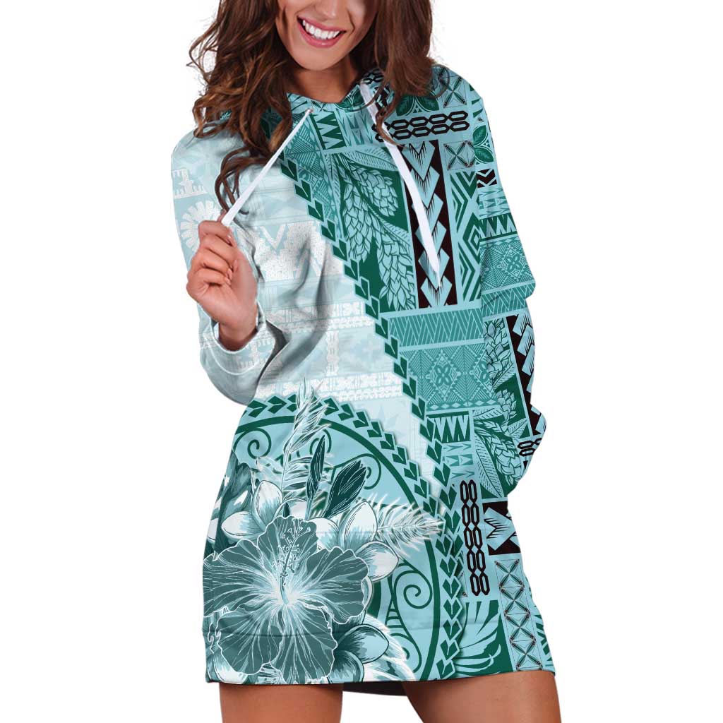 Samoa Siapo Elegant Hoodie Dress Hibiscus Teal Motifs - Polynesian Pride