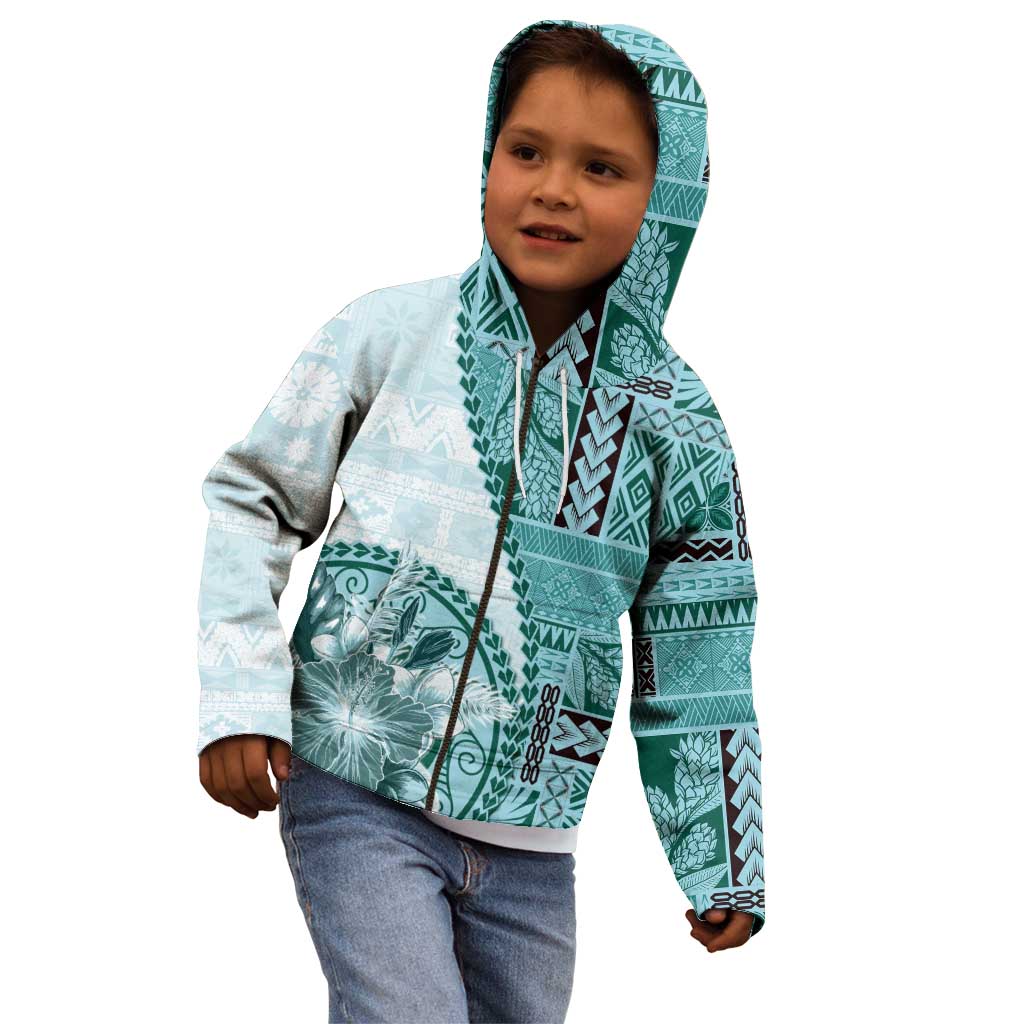 Samoa Siapo Elegant Kid Hoodie Hibiscus Teal Motifs - Polynesian Pride